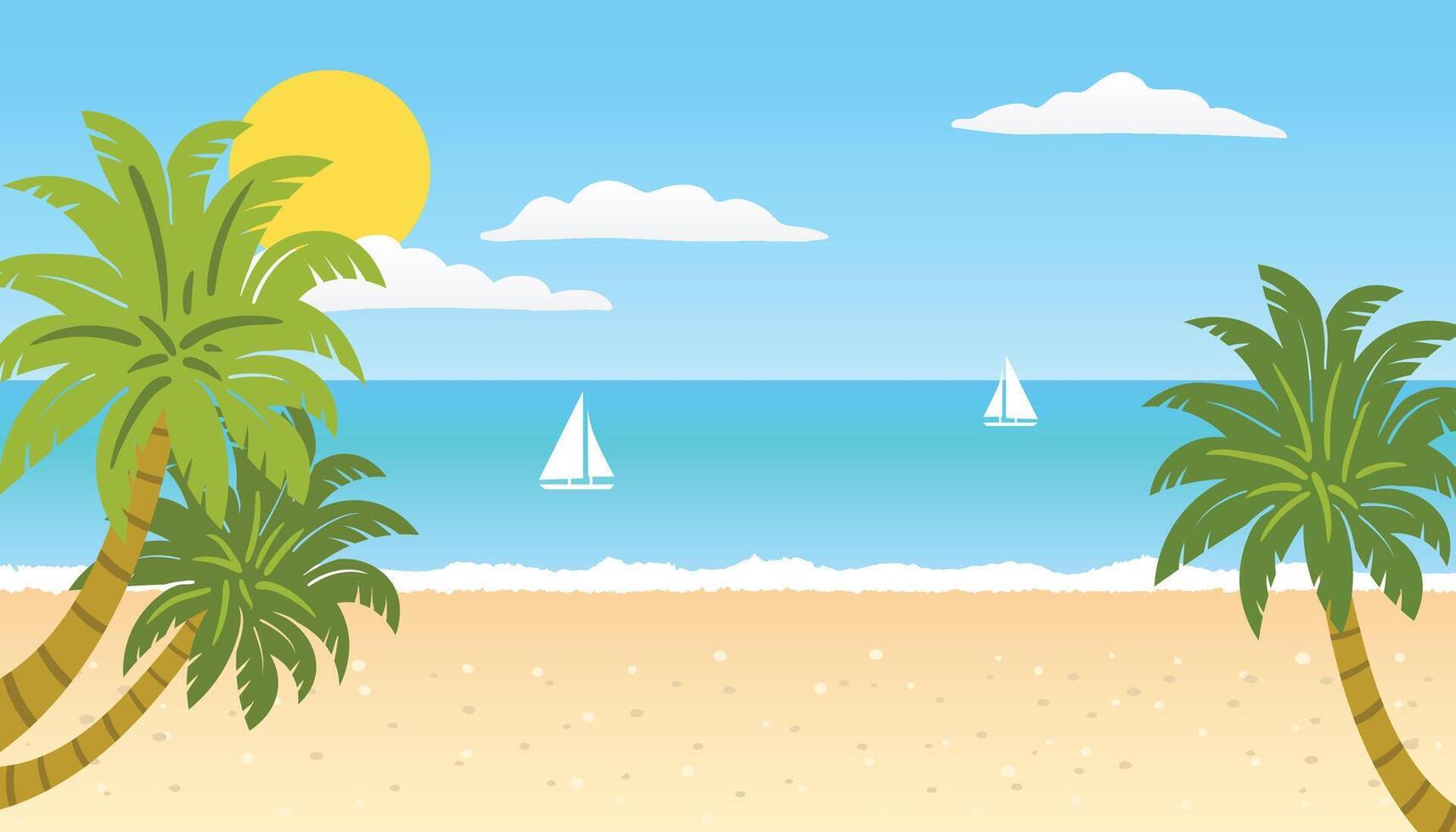 Summer Sea Beach Landscape featuring sunshine, blue sky, gentle ocean waves, palm trees, and golden sand, creating a serene tropical getaway mood, perfect for travel ads and summer themes. vector