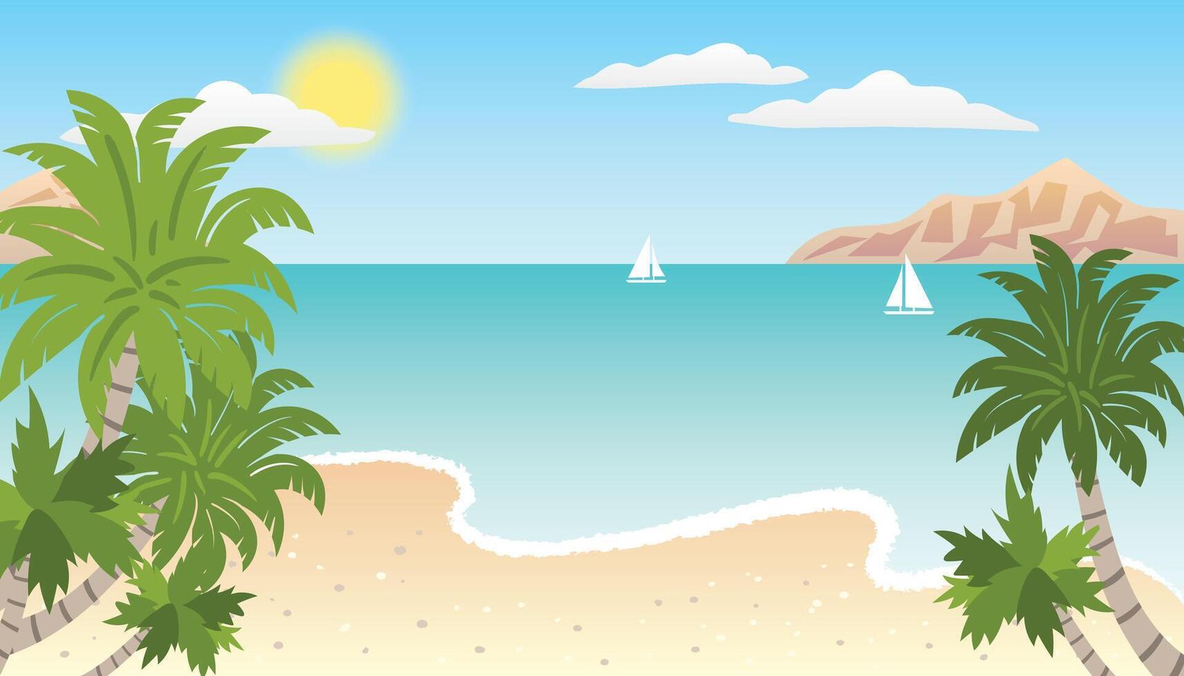 Summer Sea Beach Landscape featuring sun, clear blue sky, calm ocean, palm trees and sandy shore, evoking a relaxing tropical vacation vibe, ideal for travel themes and seasonal promotions. vector