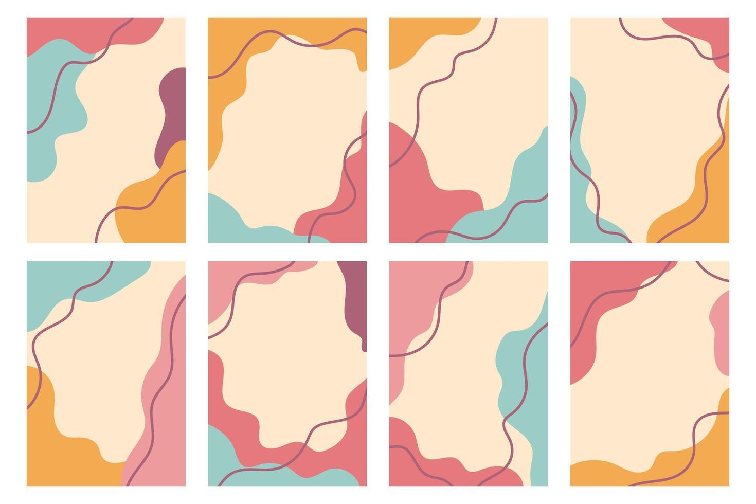 Melting shapes posters set in pastel colors. Organic shapes cards collection with thin lines. Abstract design for invitations, cards, prints decoration. vector