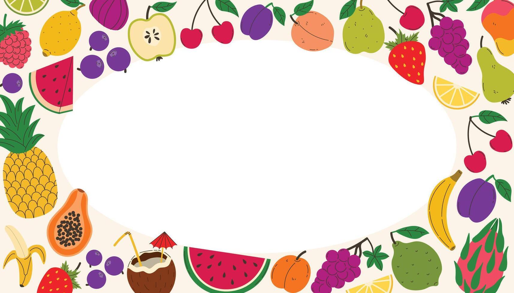 Bright summer border with fruits and berries. Summer juicy frame with watermelon and pineapple, strawberry and more. vector