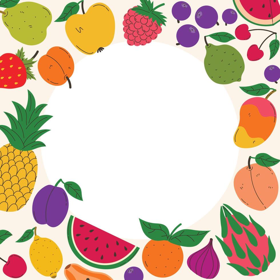 Summer frame with fruits and berries. Summer juicy background. Modern trendy design for card, cover, poster vector