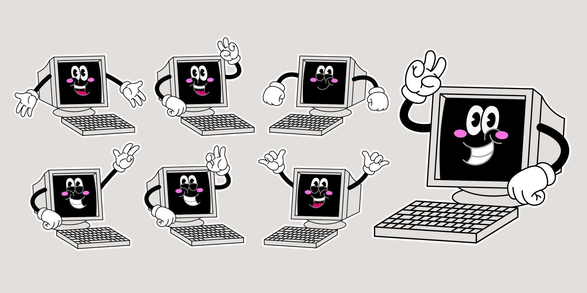 Set of Cheerful Old Computer Cartoon Character vector