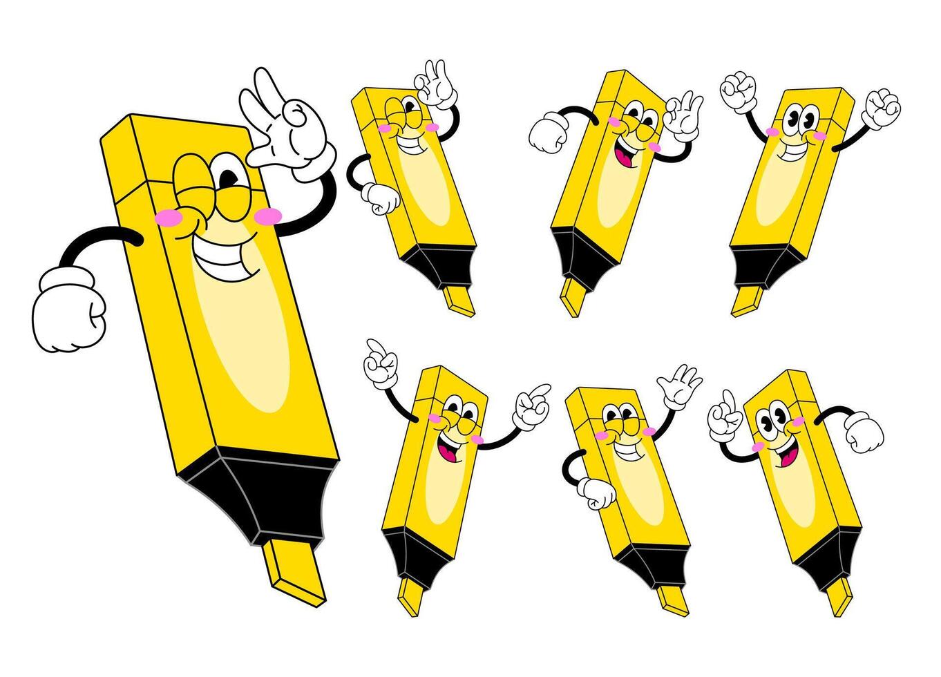 Set of Happy Highliter Cartoon in Various Pose vector