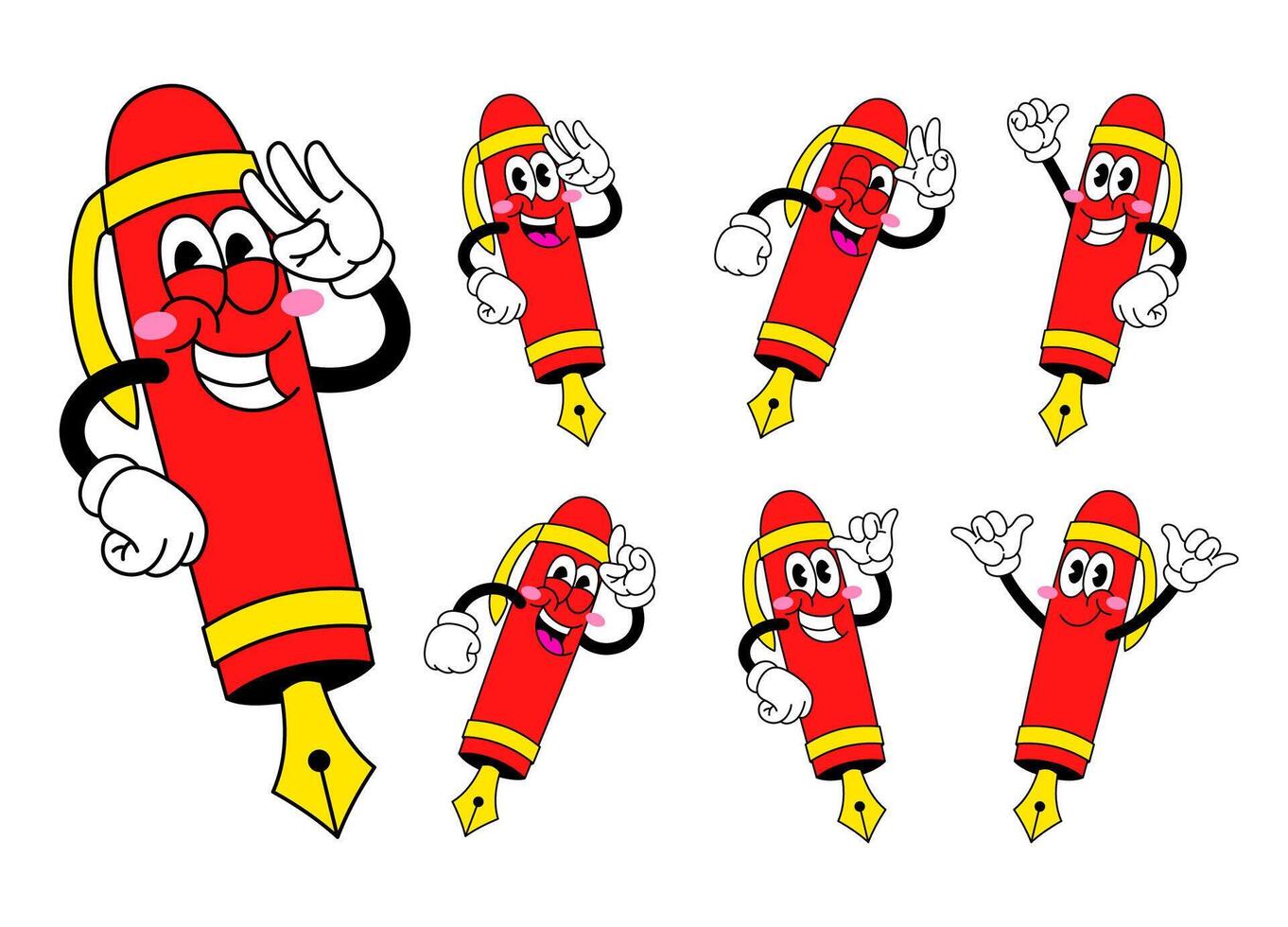 Cartoon Set of Fountain Pen Character in Retro Style vector
