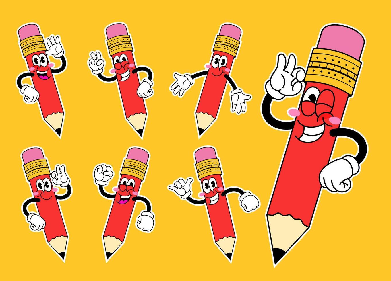 Cartoon Set of Happy Pencil Character in Retro Style vector
