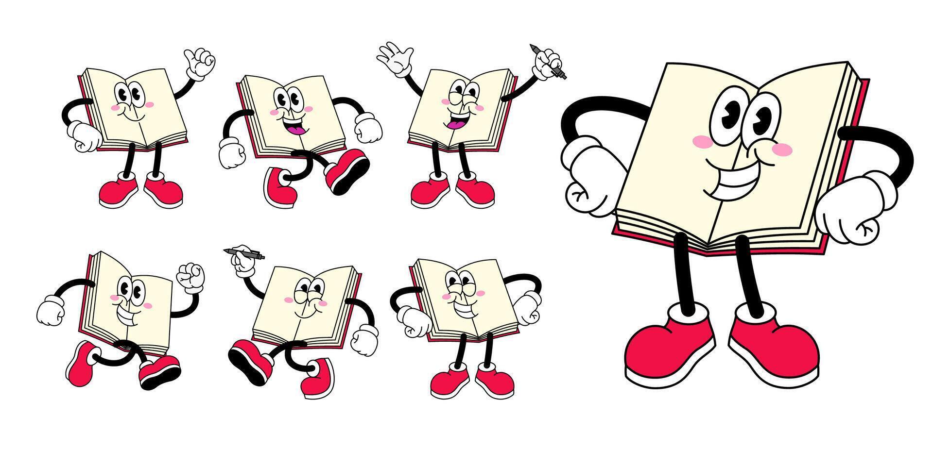 Cartoon Set of Happy Open Book Retro Style vector