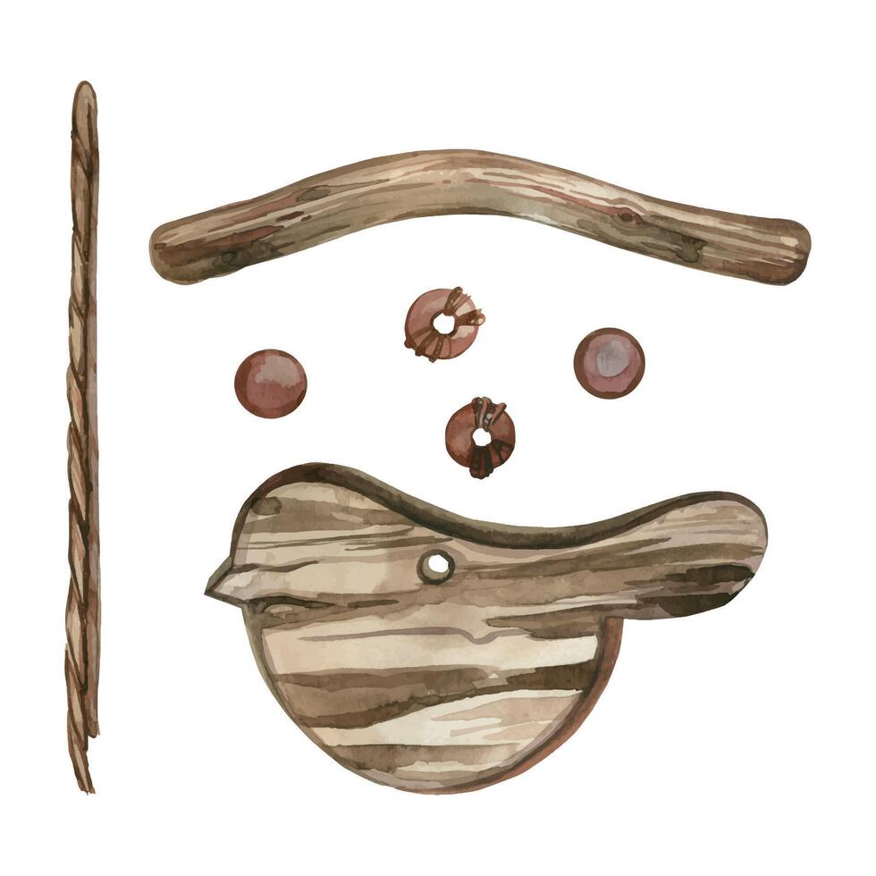 Set of watercolor illustrations, wooden toy birds, wooden beads, decorative stick, rope. All objects are hand-drawn with watercolors. Suitable for printing on fabric, paper, postcard decor vector