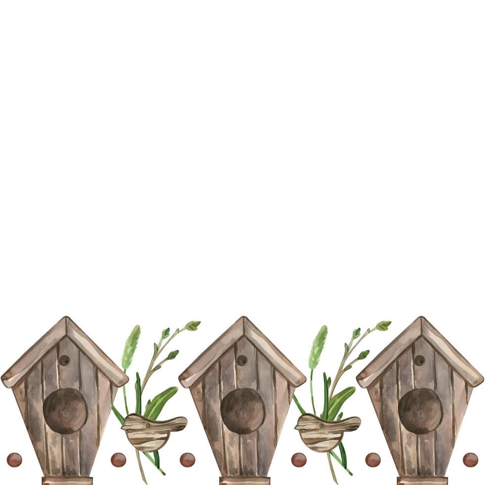 Border, birdhouses for birds, starlings, toy bird, wild flowers and herbs. All objects are hand painted with watercolors. Suitable for printing on fabric, paper, for printing on cards and invitations vector