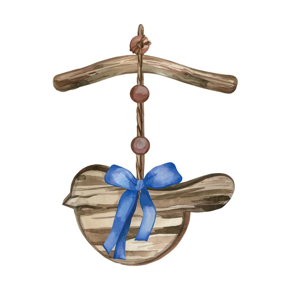Wooden bird pendant with wooden beads, rope and bright blue bow. All objects are hand painted with watercolors. Suitable for printing on fabric, paper, for crafts and cards vector