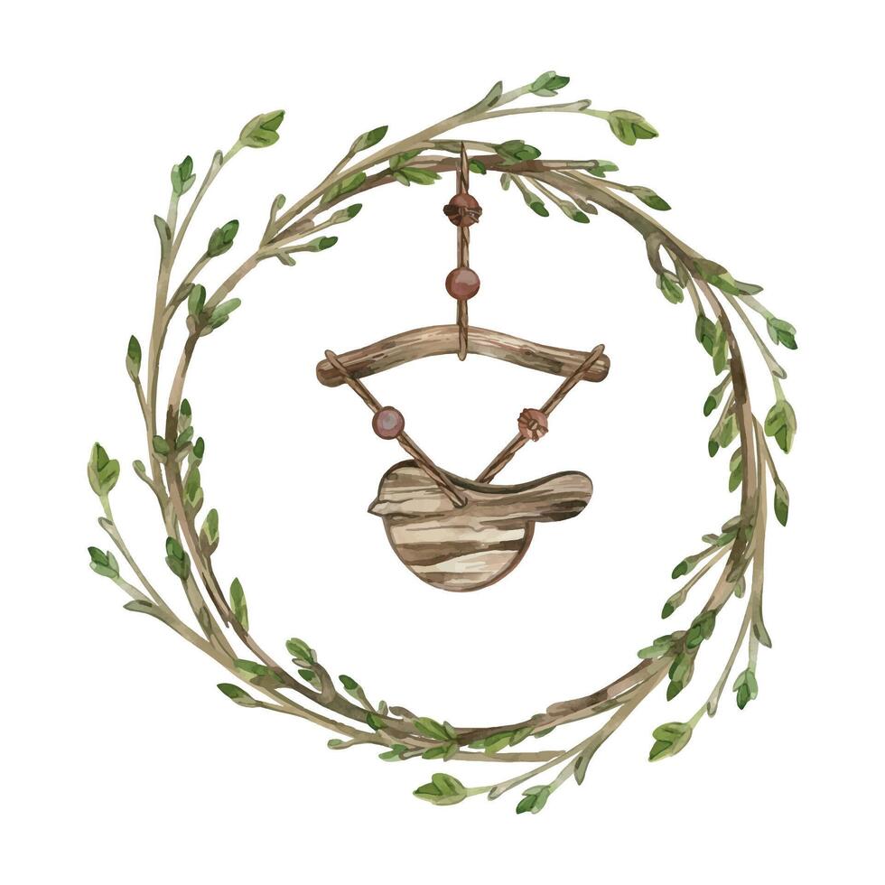 Spring wreath, young tree shoots with buds collected in a wreath, a pendant in the form of a bird made of wood. All objects are hand-drawn with watercolors. For printing on postcards, invitations vector