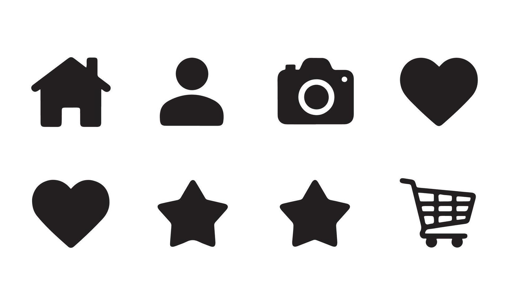 A set of black and white icons that include a shopping cart, heart, and a house vector