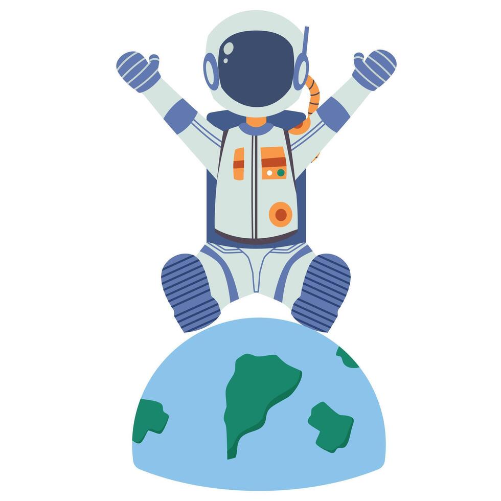An astronaut sitting on top of the earth with his hands up vector