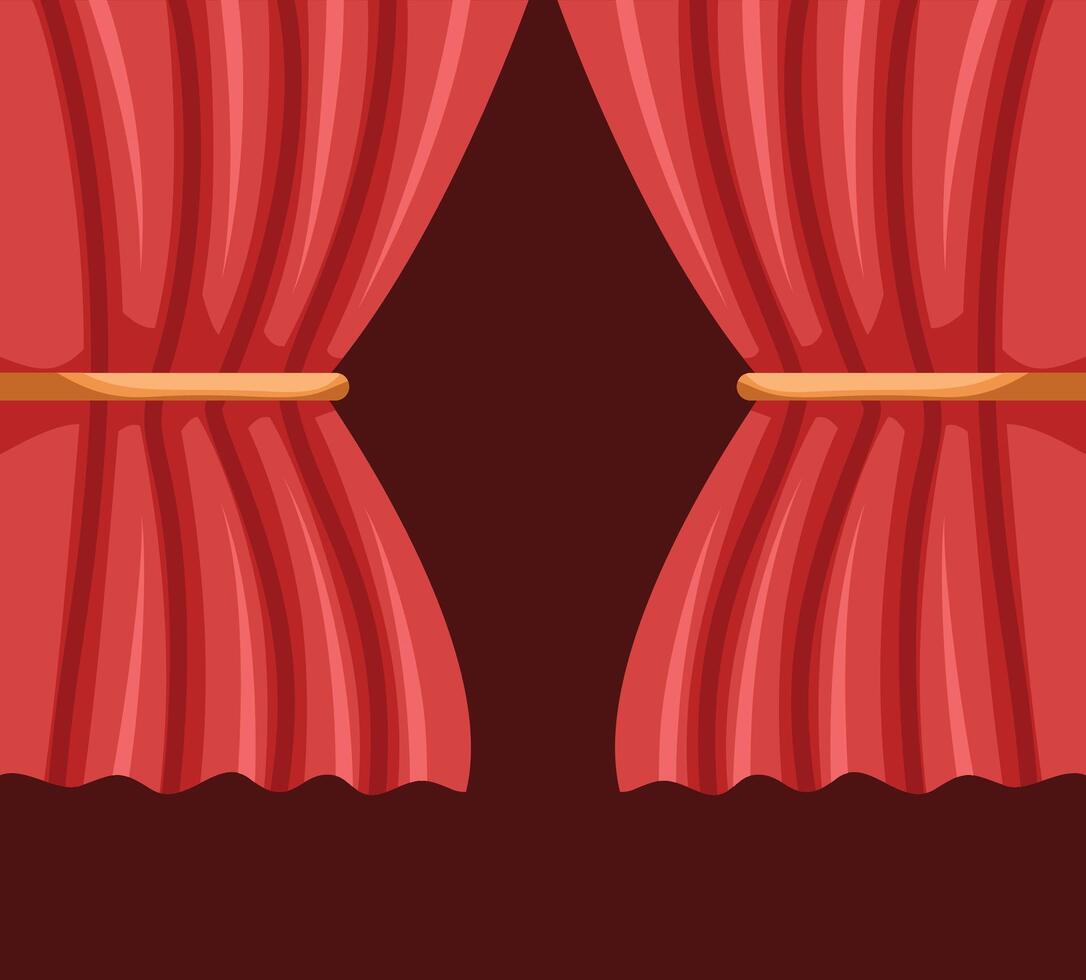 Two red curtains with a wooden bar on the top vector