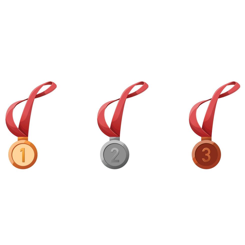 Three medals with red ribbon on white background vector