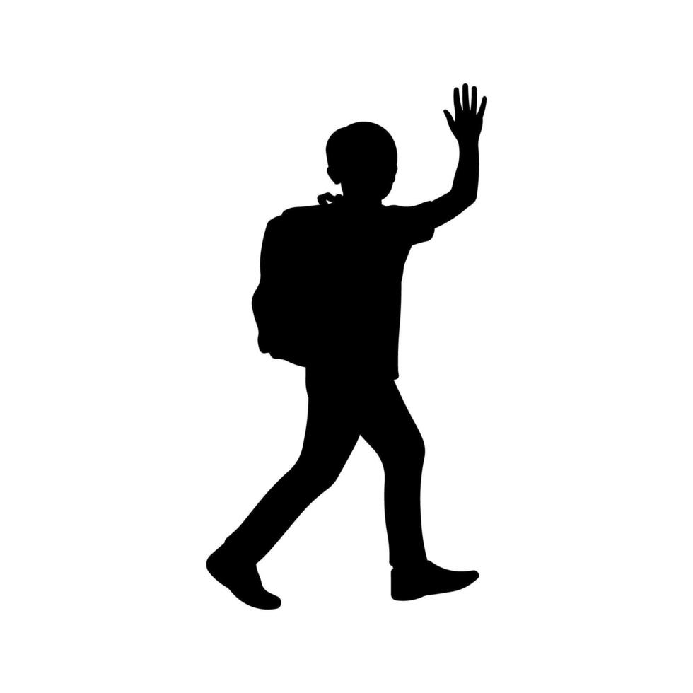 Silhouette of a boy walking while carrying his backpack and raising his hands vector