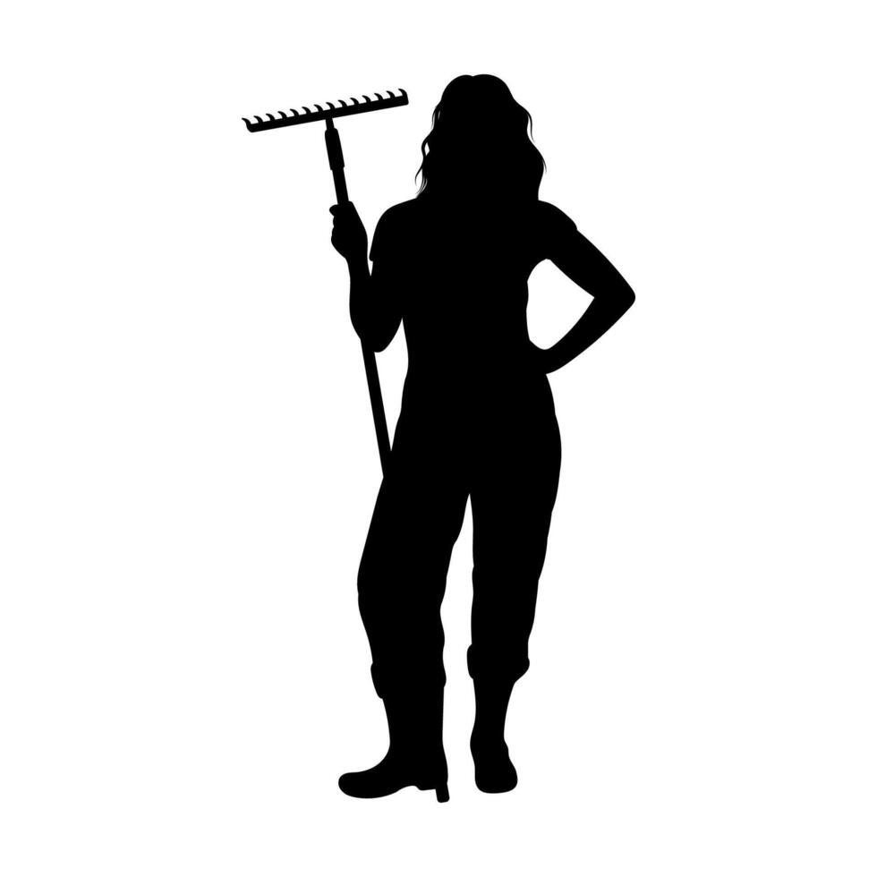 Illustration of a silhouette of a gardening woman carrying a garden fork rake vector