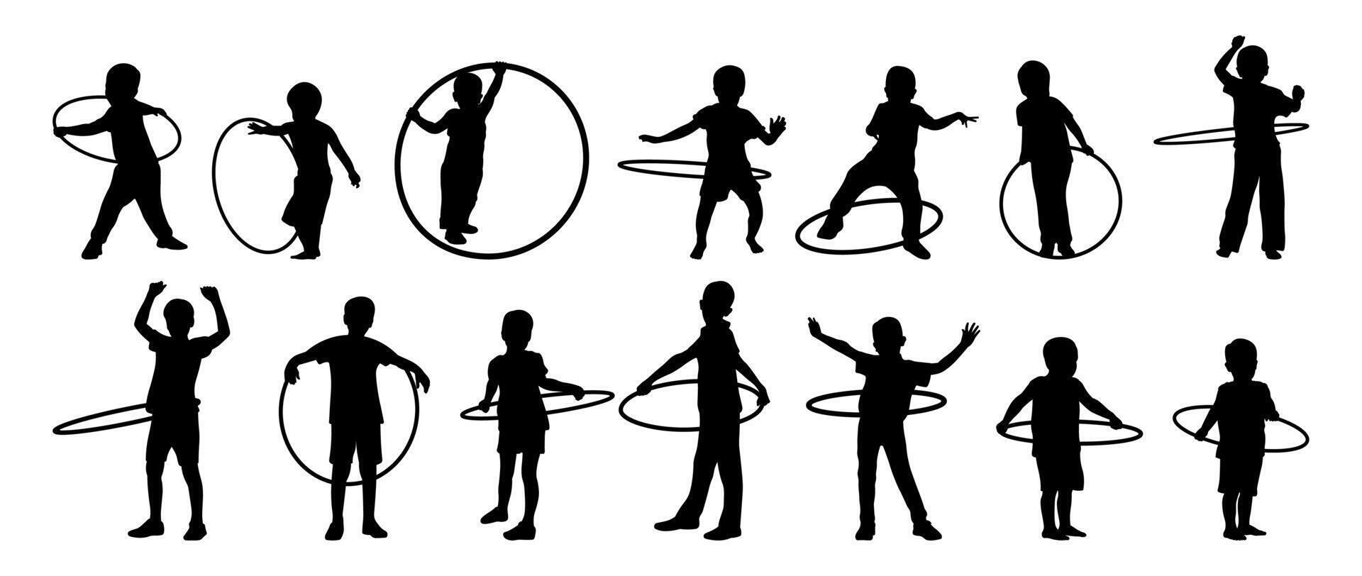 Set of silhouettes of boys playing hula hoop vector