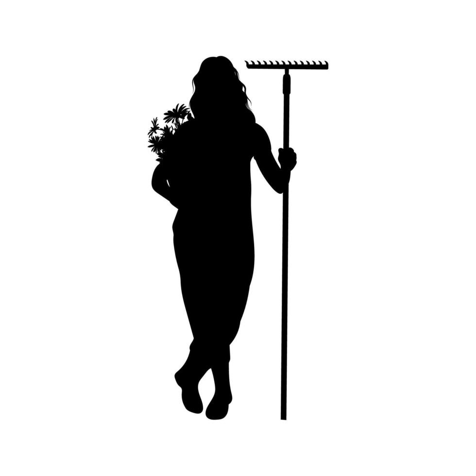 Silhouette of female gardener carrying garden rake and carrying flowers in pot vector