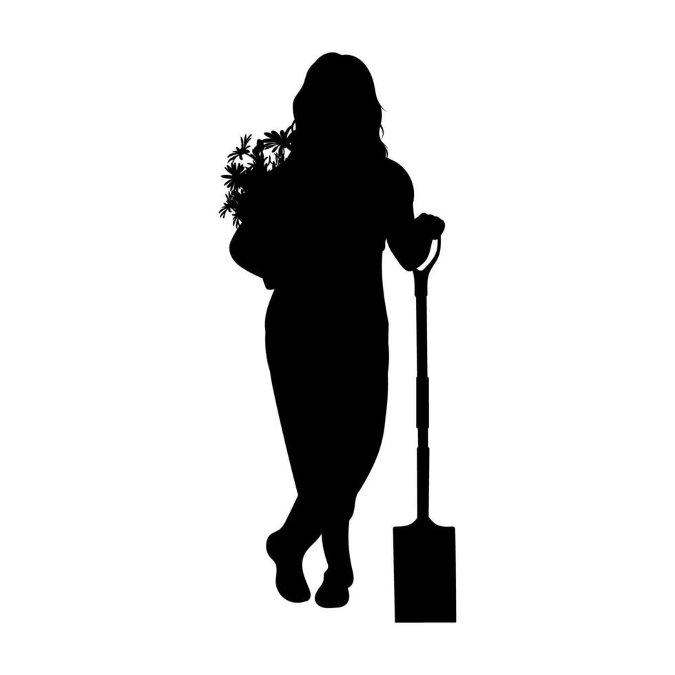 Silhouette of a female gardener carrying a large shovel and carrying flowers in a pot vector