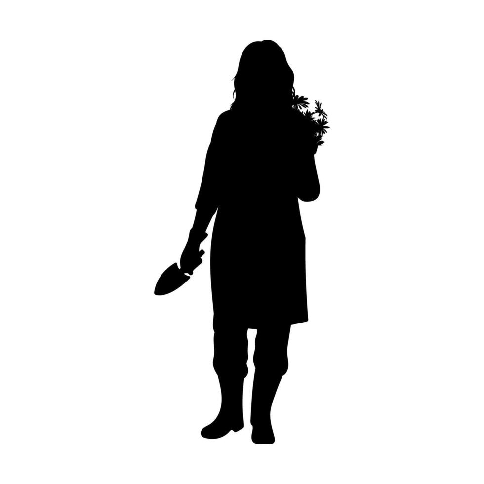 Silhouette of a female gardener carrying a small shovel and carrying flowers in a pot. vector