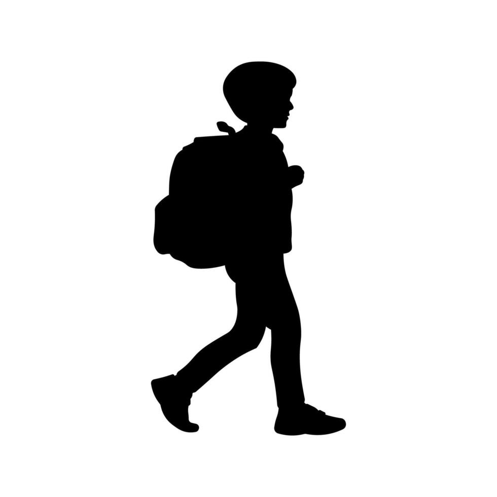 Silhouette of a boy walking carrying his backpack on a white background vector