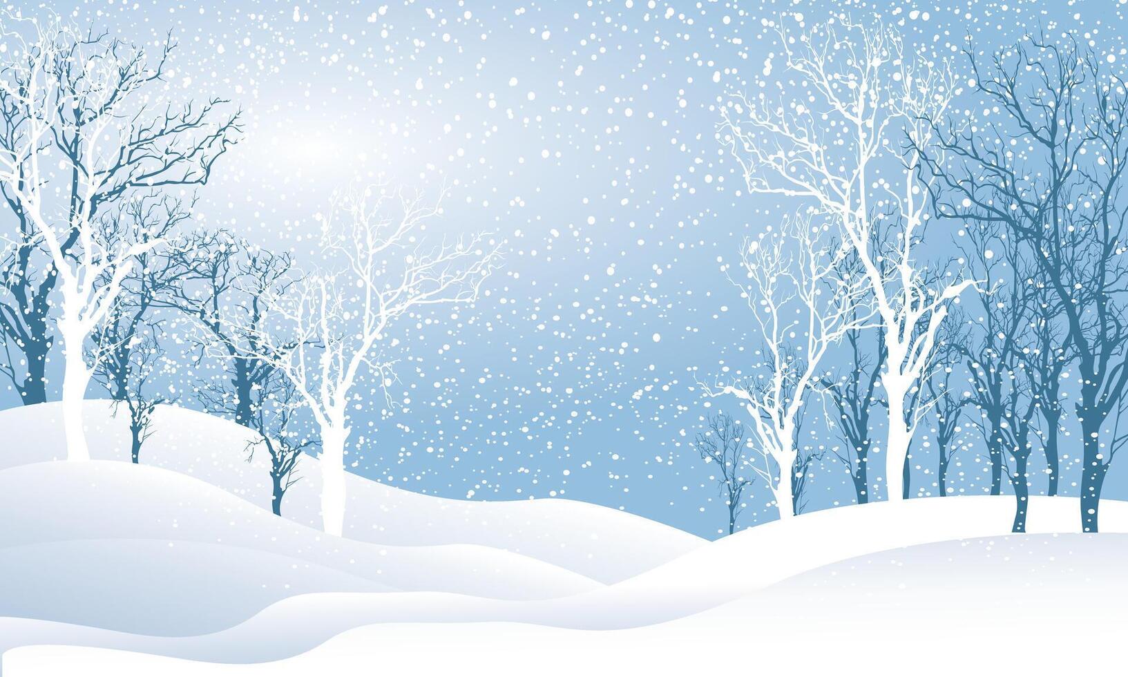 Serene winter landscape featuring snow covered hills and bare trees in snowfall vector