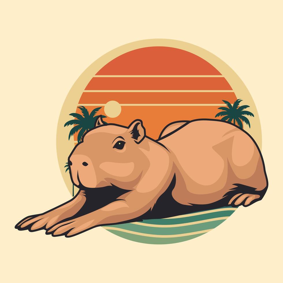 Capybara Sleep Cute Sand Summer Sunset vector