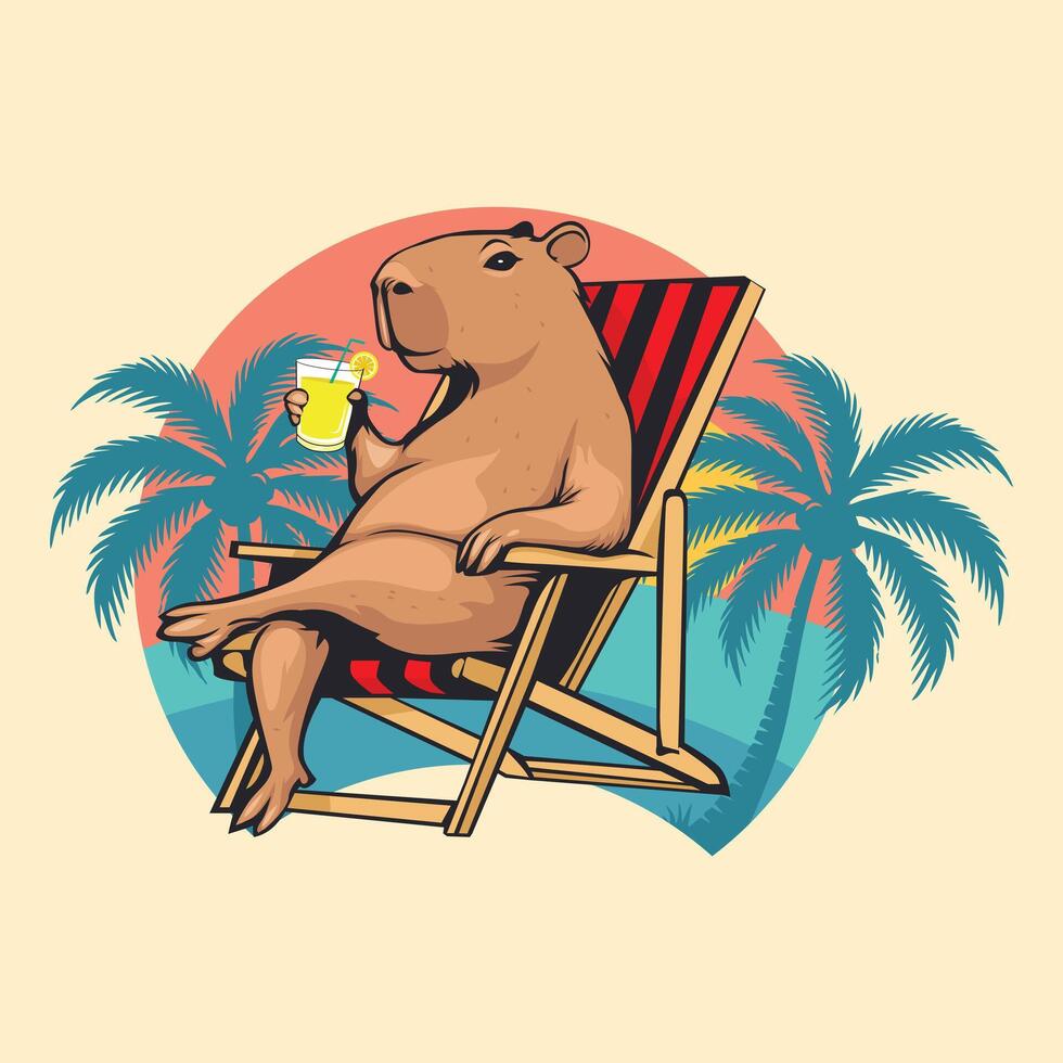 Cartoon Capybara Sitting with Leafy Background vector