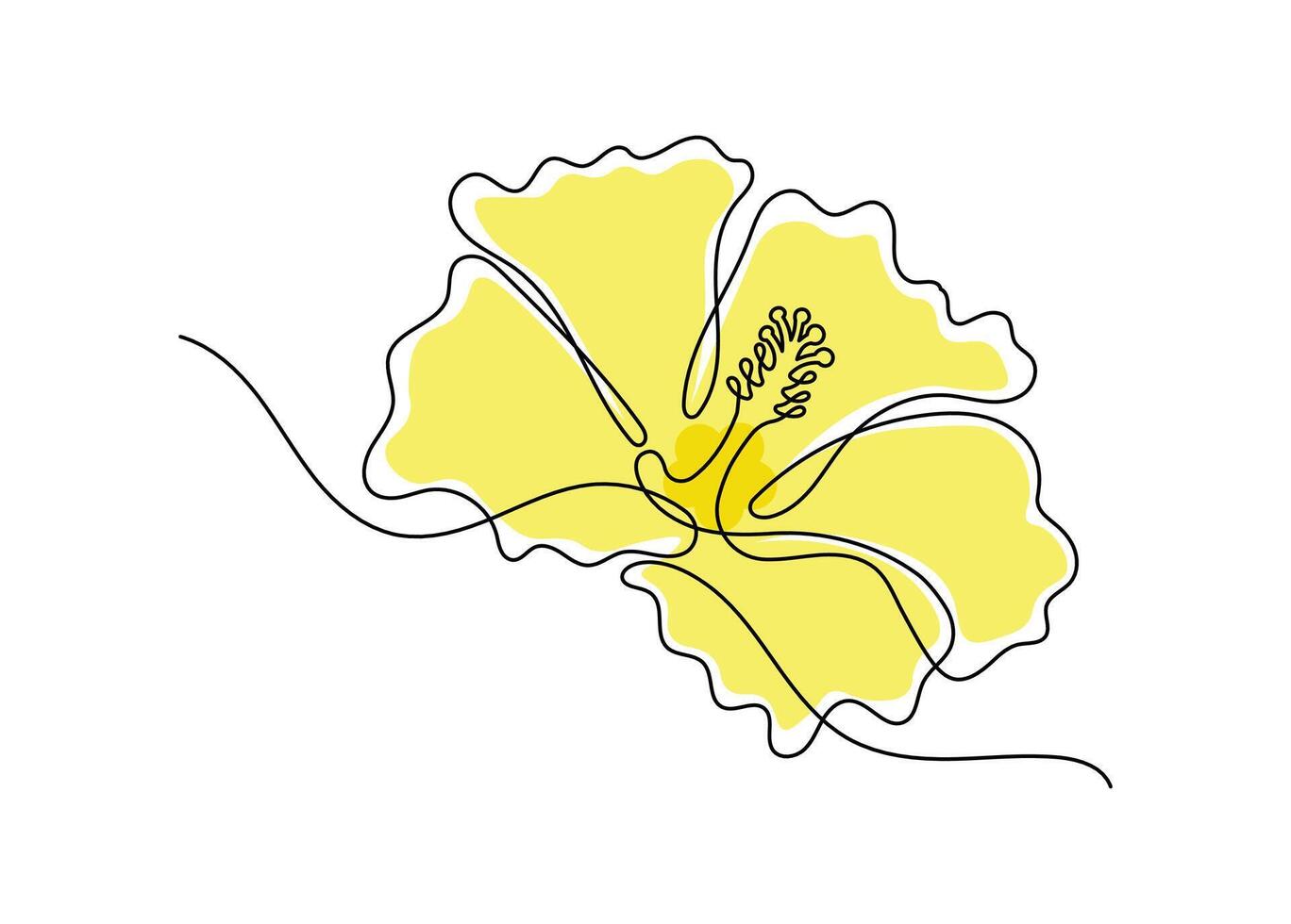 Yellow hibiscus flower in one continuous line art drawing style. Minimalist black line sketch isolated on white background. vector
