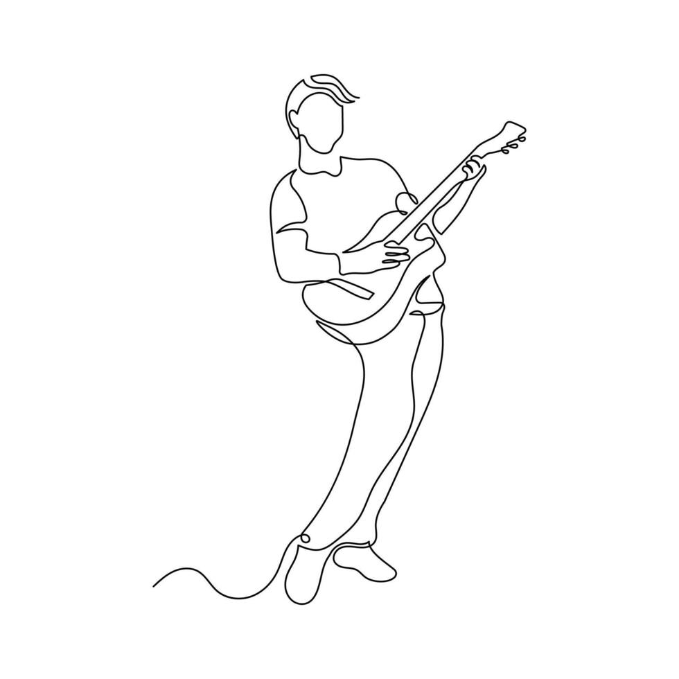 Guitar player in continuous line drawing style. Guitarist illustration in black linear sketch isolated on white background. vector