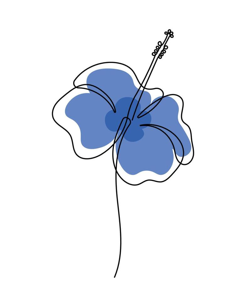 Illustration of blue color hibiscus flower in one continuous line art drawing style. Minimalist black line sketch isolated on white background. vector