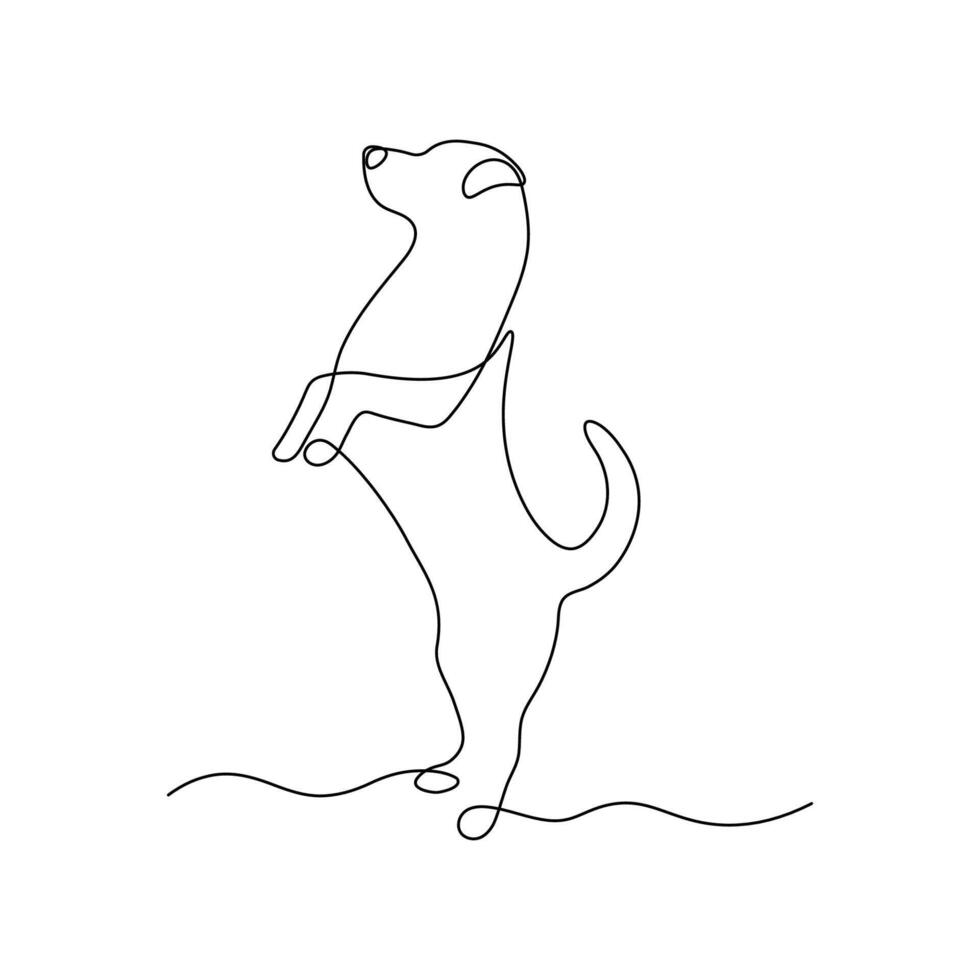 Energetic puppy in continuous line art style. Minimalist black linear sketch of playing dog, vector