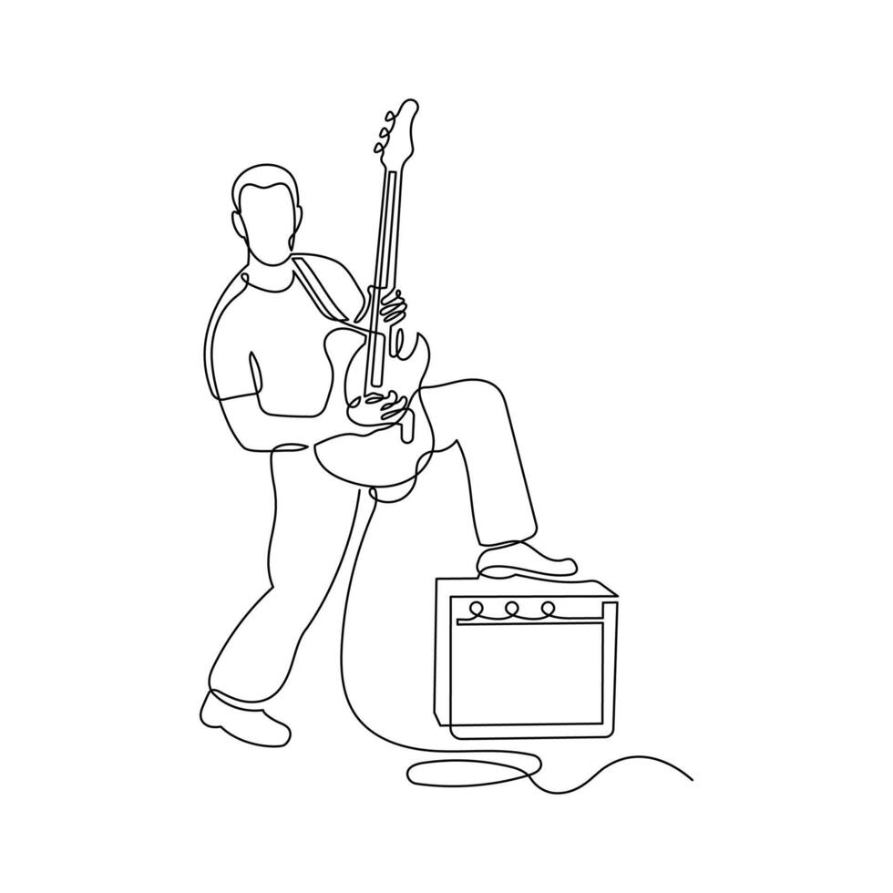 Guitar player in continuous line drawing style. Man guitarist in black linear sketch isolated on white background vector