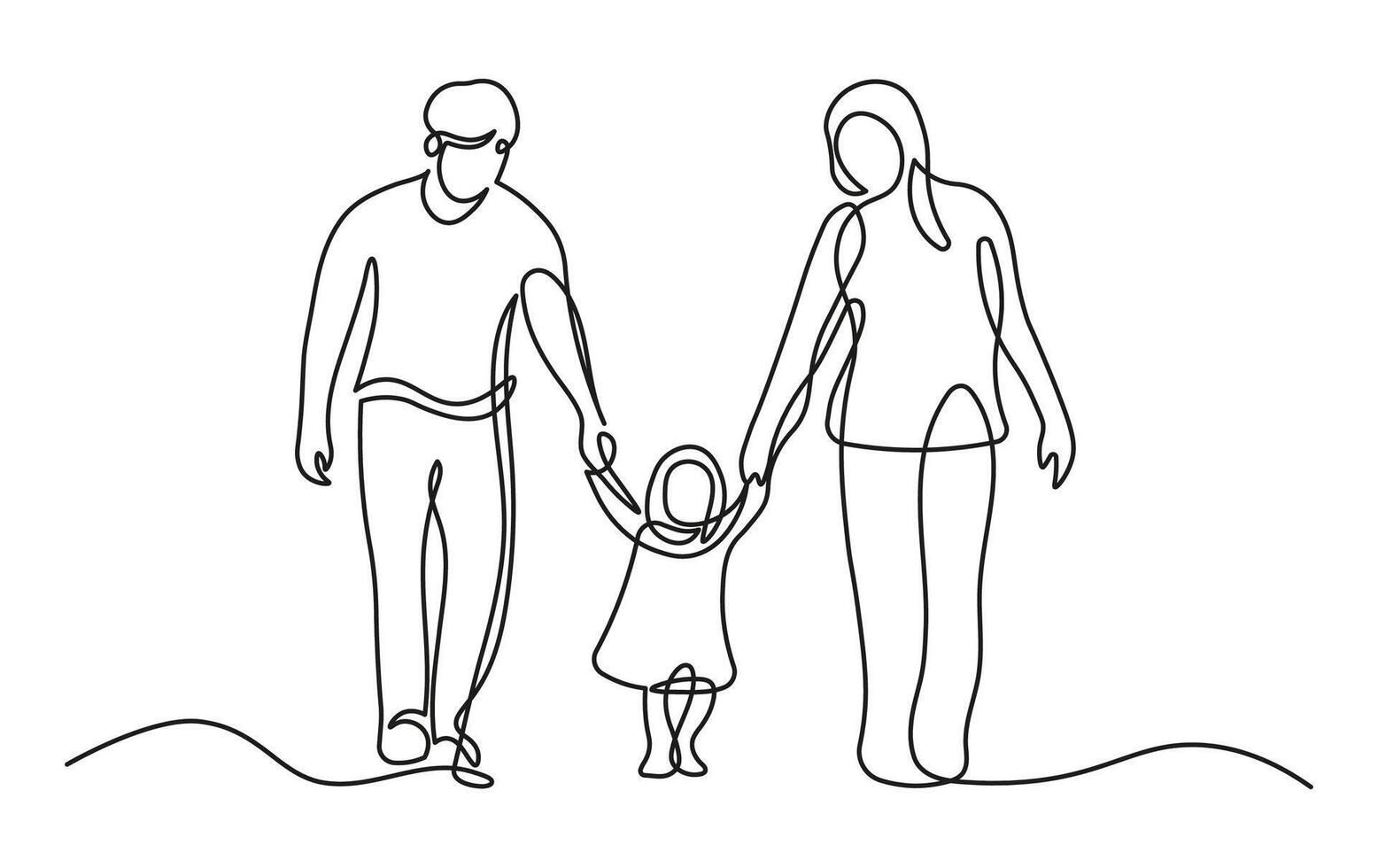 Happy family in one line art style. Minimalist linear sketch of parents and child walking together, holding hands. Black contour drawing, isolated on white background. vector