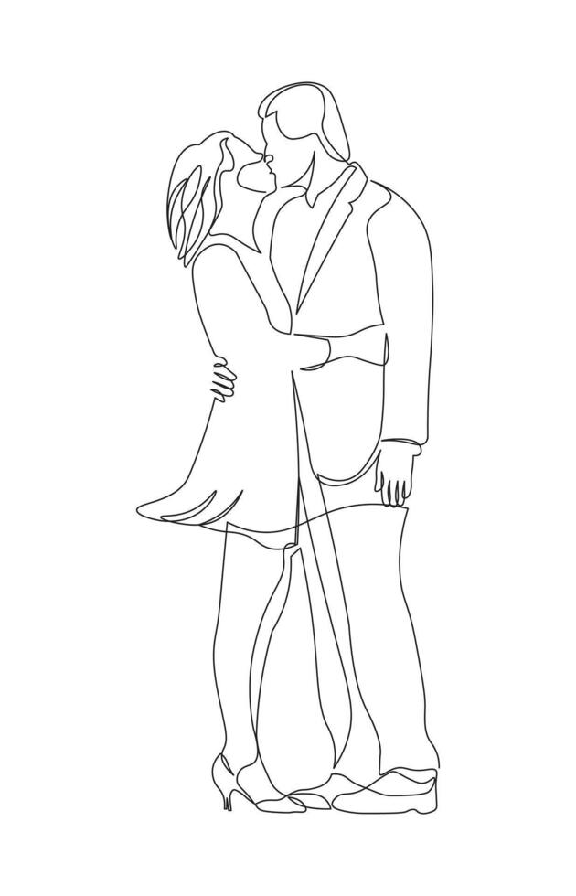 A couple of adults are kissing in continuous line drawing style. Man and women in black linear sketch isolated on white background. vector