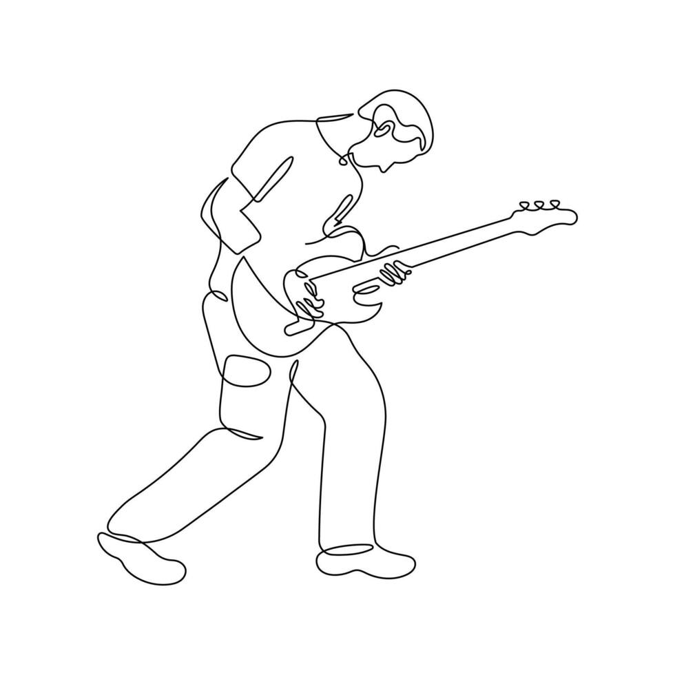 Guitar player in continuous line drawing style. Guitarist in black linear sketch isolated on white background. vector