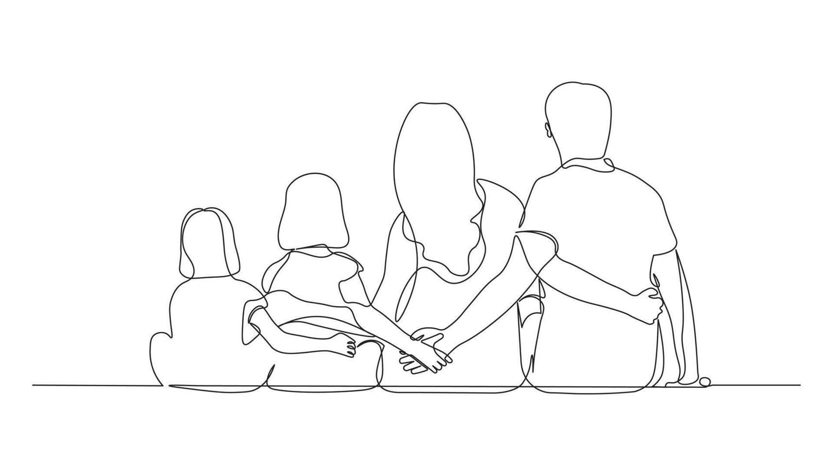 Happy family with two children in continuous line drawing style. United family portrait of parents with their daughter black linear sketch isolated on white background. vector