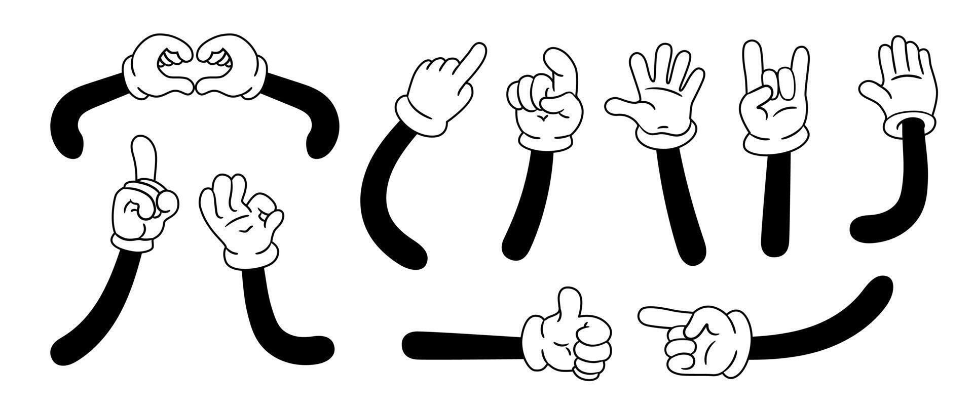 Set of cartoon hands in retro style. Various gestures vector