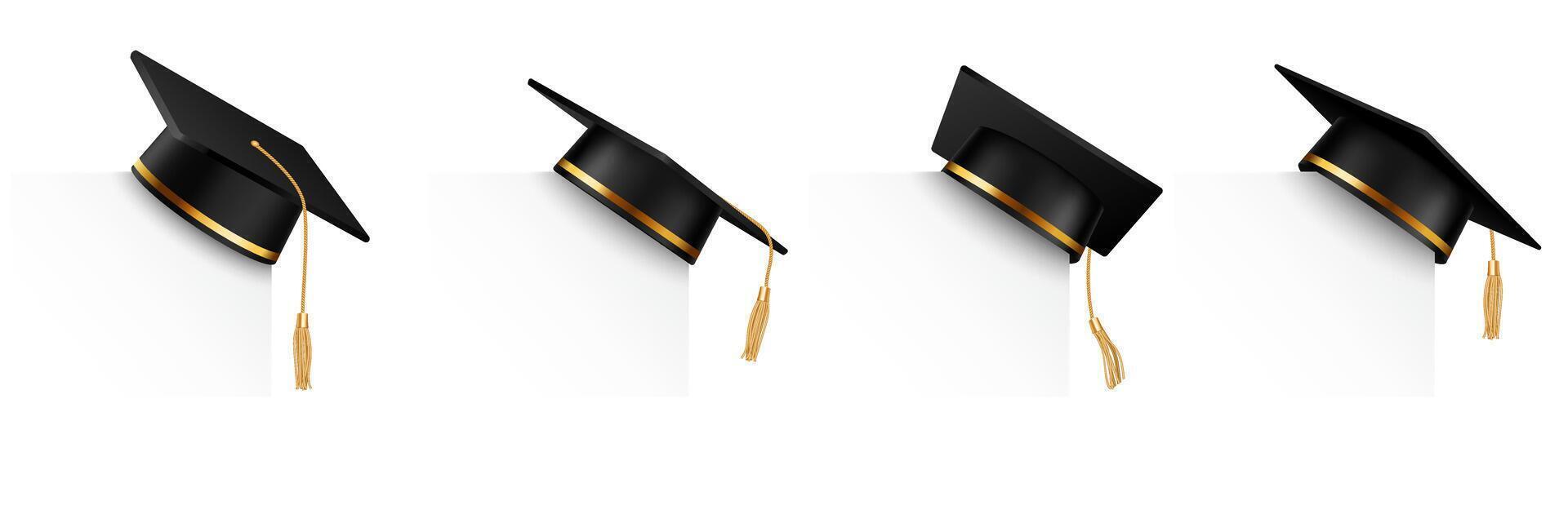 Graduation University cap set on white corner background. Black 3d ceremony hat with paper banner. vector