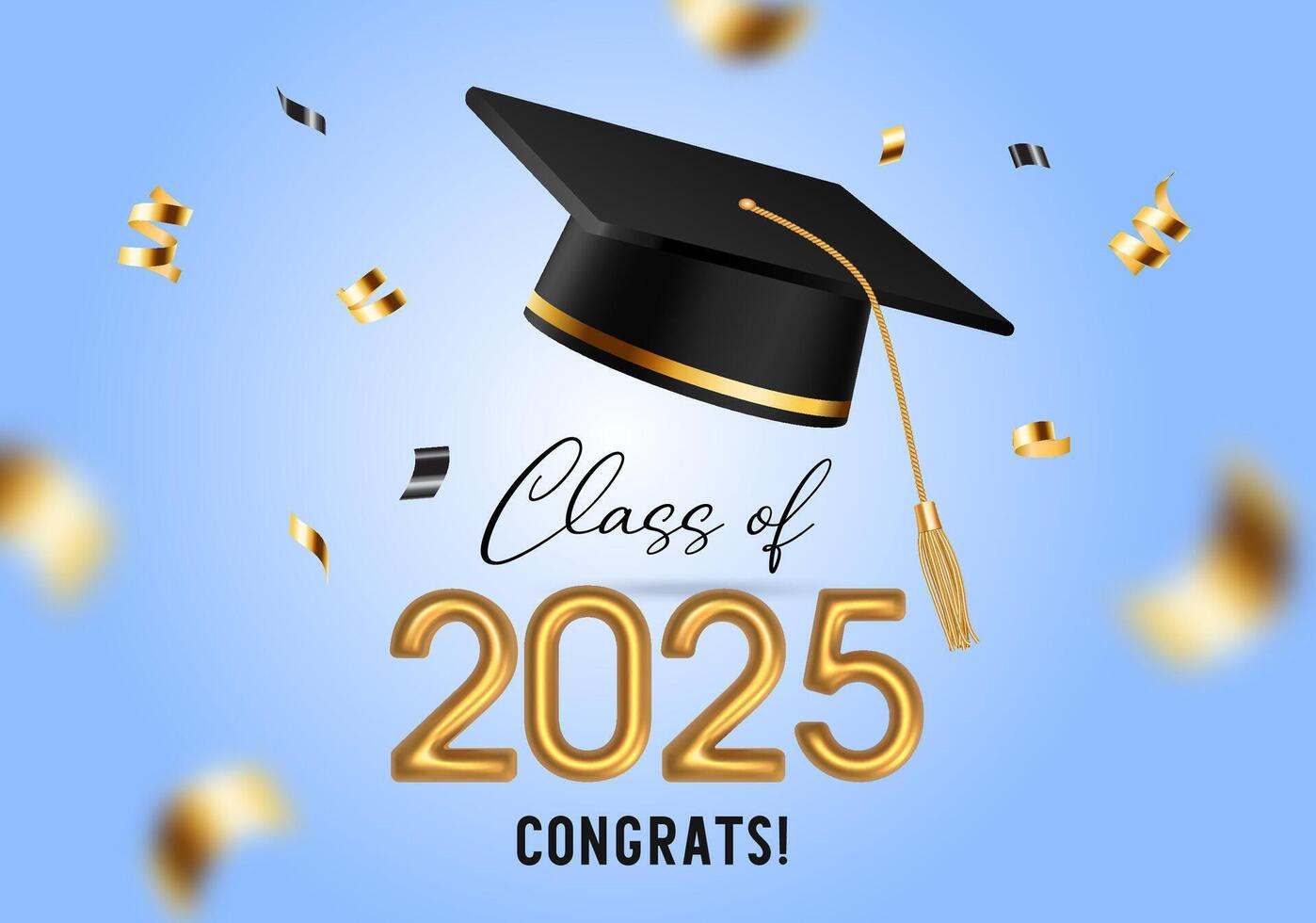 Elegant graduation celebration design featuring black and gold graduation caps, golden balloons, and festive confetti. Perfect for invitations, banners, and congratulatory messages. vector