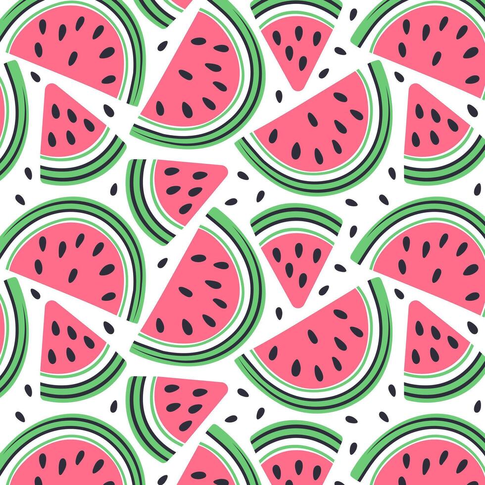 Seamless pattern with colorful watermelon slices and seeds on white background. Fresh, vibrant summer fruit design ideal for fabric, packaging, and seasonal projects. vector
