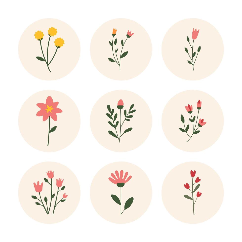 Set of minimal floral icons in round frames. Flat botanical elements with hand-drawn flowers and leaves, perfect for eco design, stickers, branding, packaging, and spring themes. vector