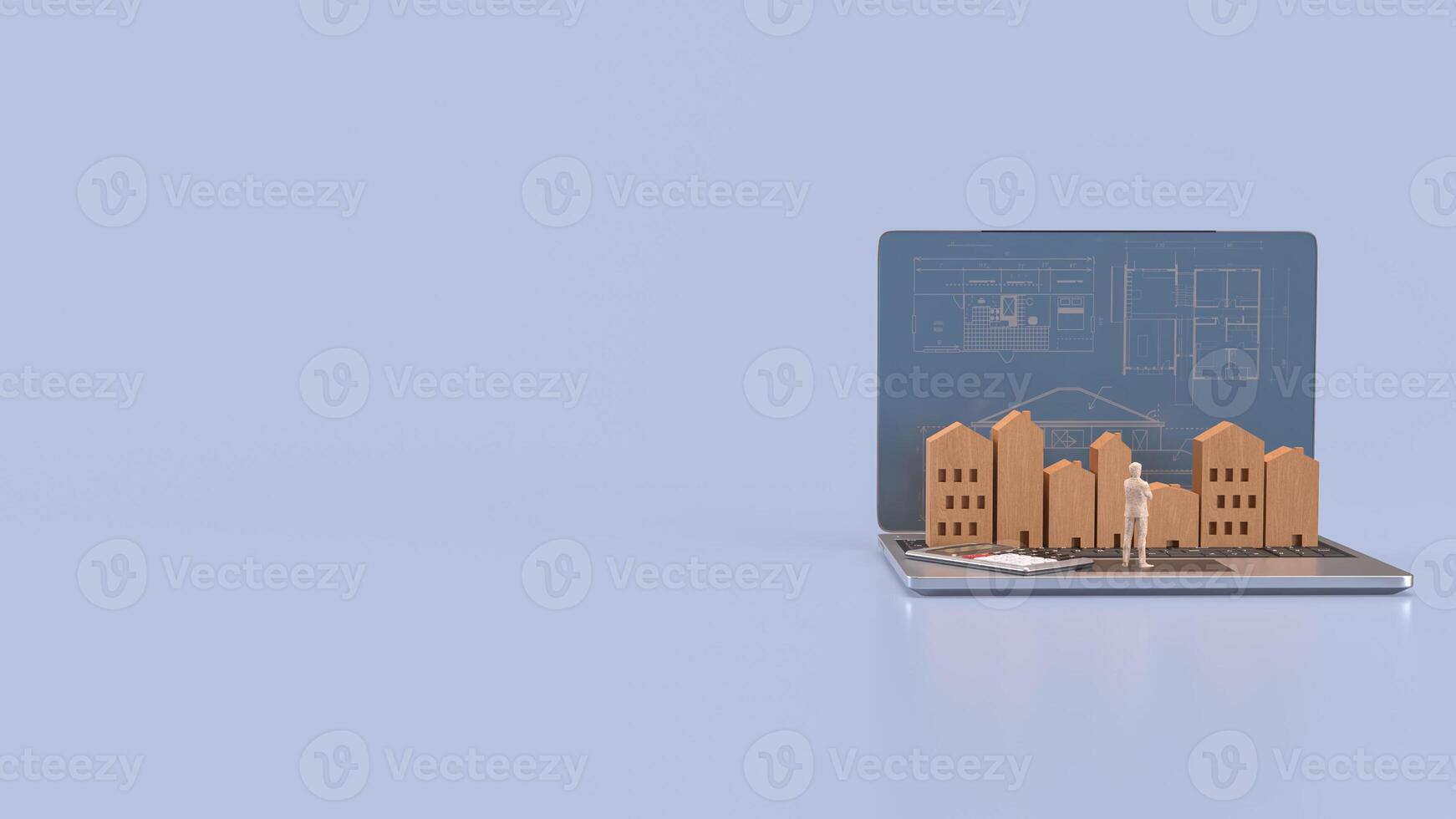 The Man and wood house on Notebook for property or real estate concept 3d Rendering. photo