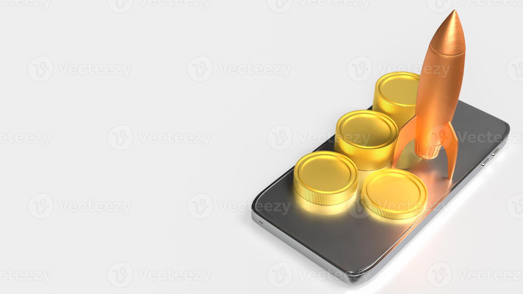 Rocket and coins on Mobile phone for business concept 3d Rendering. photo