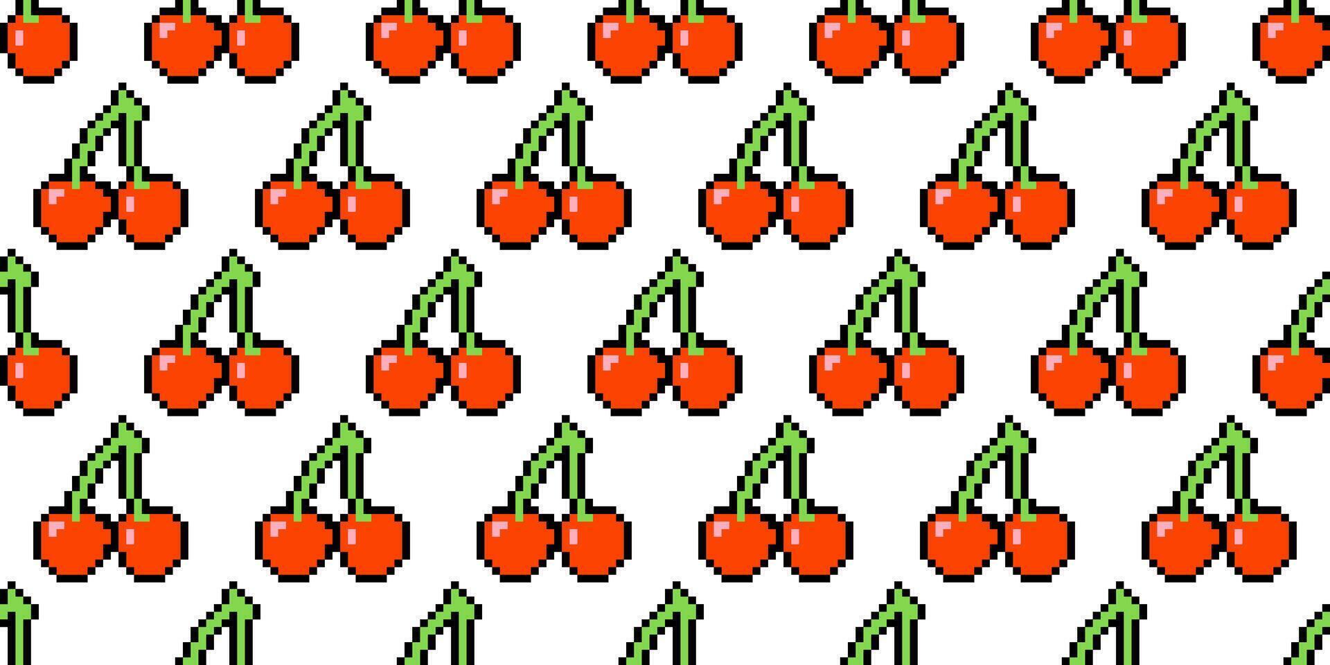 Red cherry emoji in pixel art style on a white background. Vintage 8-bit texture. Minimalistic pixel graphic. Fruit symbol. Old style. 80s and 90s game object design. vector