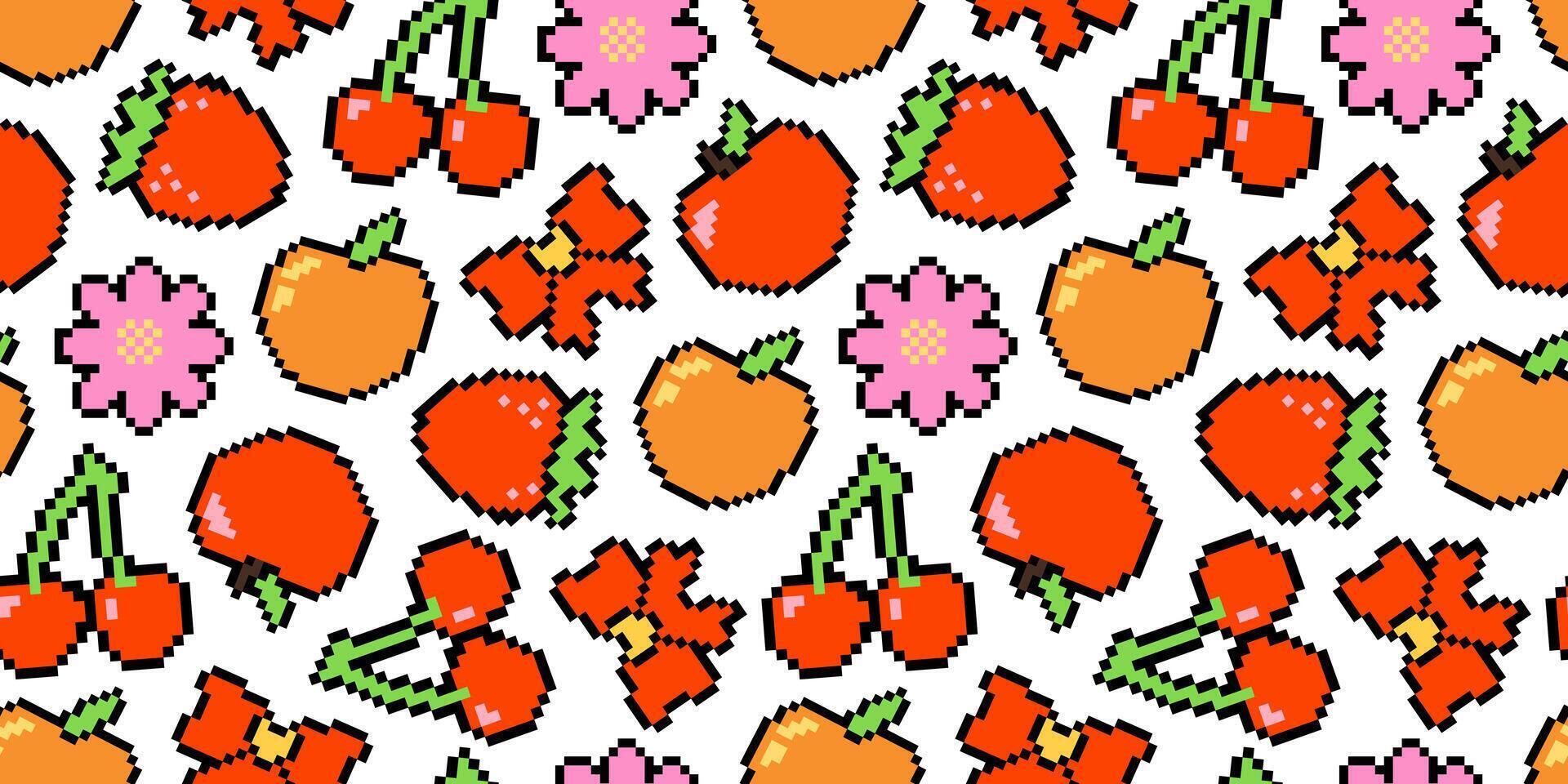Vibrant pixel art pattern with fruits cherries, strawberries, apples, and peaches, along with retro flowers. 80s and 90s background. Perfect for textiles and wallpapers. Nostalgic 8-bit style. vector