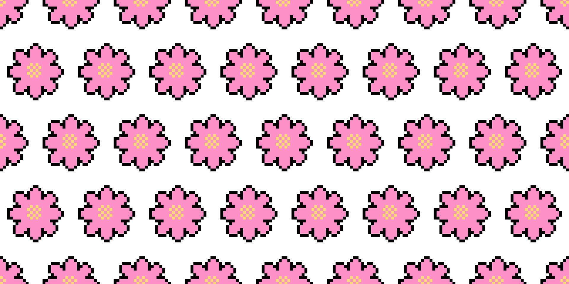Seamless pixel art pattern of pink flowers with black outlines and yellow centers on a white background. This repeating design has a retro, 8-bit style, perfect for digital art, textiles, and ads. vector