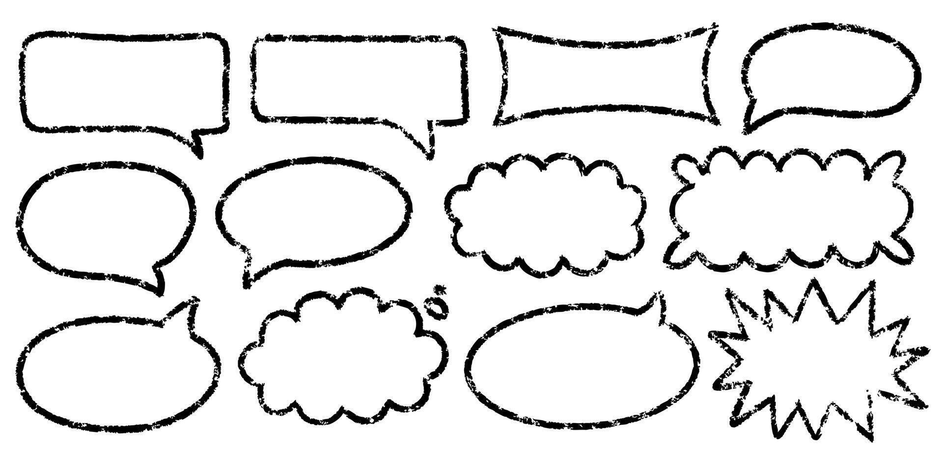 Set of rough, textured speech and thought bubbles with grunge-style edges. Perfect for comic dialogues, notes, and creative designs. Empty frames for customizable text, conversation, or emphasis. vector