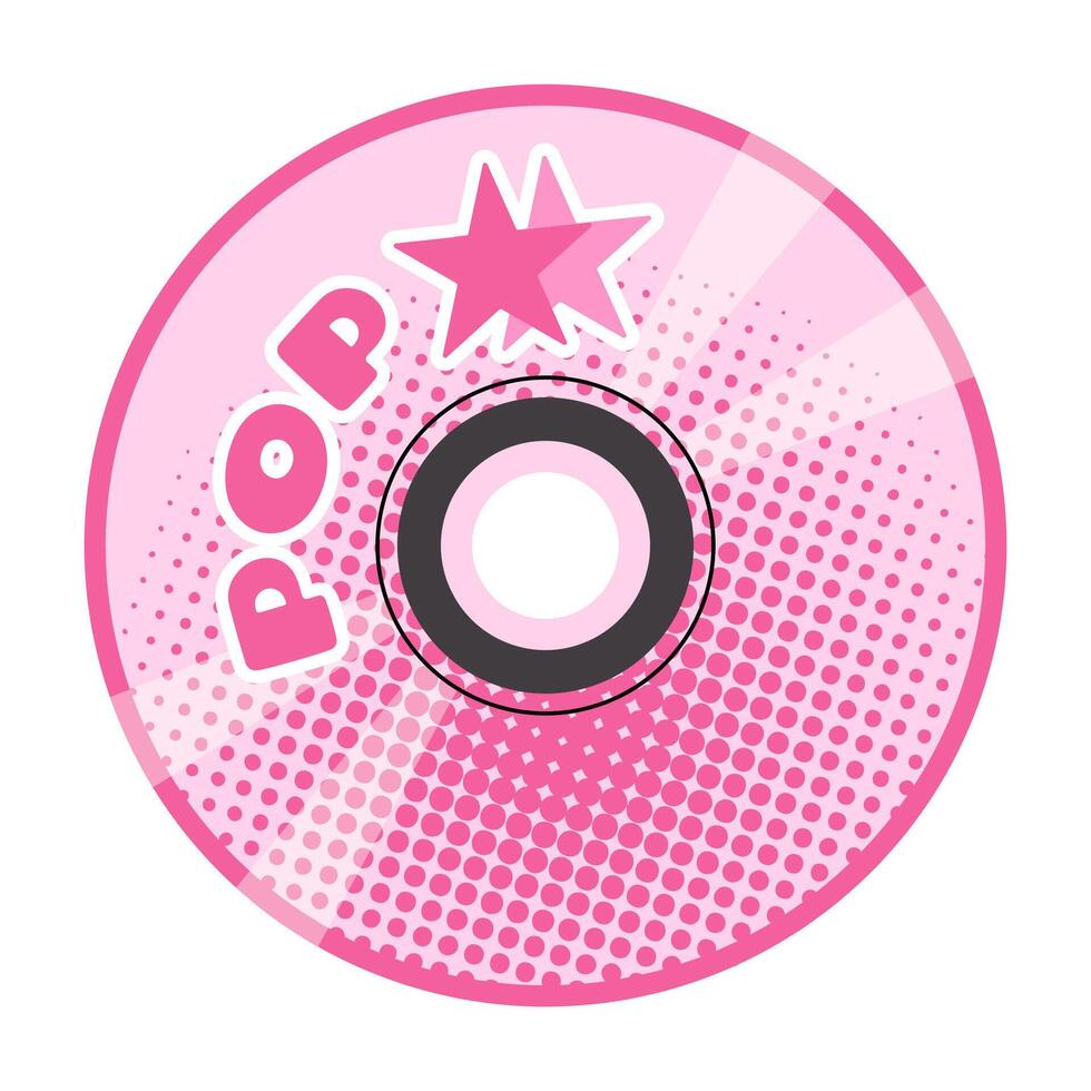 Pink retro CD illustration with pop design, featuring a star accent and halftone pattern. Perfect for Y2K aesthetics, nostalgic music themes, posters and vintage-inspired digital or print projects. vector