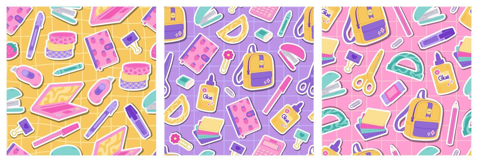 Set of 3 school patterns on yellow, pink, and purple backgrounds. Checkered backdrop. Back to school theme with education accessories backpack, paper clip, ruler, pen, and glue. vector